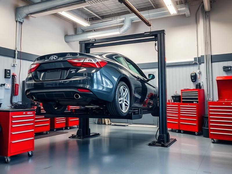 Auto repair bay with a car on a lift and tool chests