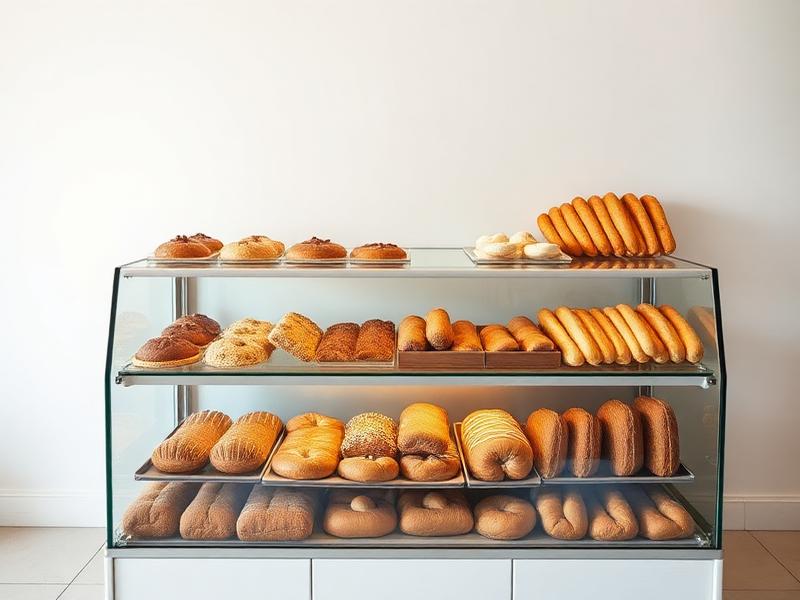 Bakery display case filled with fresh pastries and bread