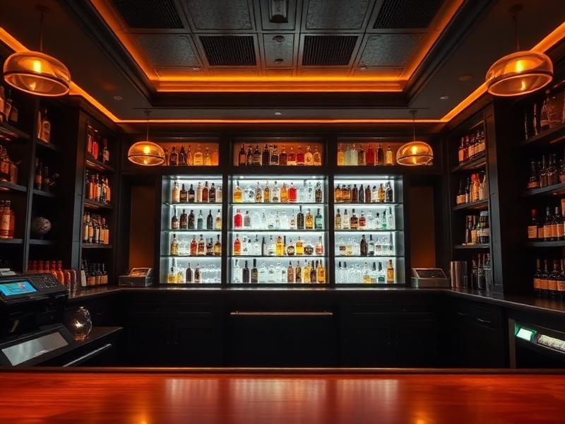 Bar interior with backlit shelves of bottles