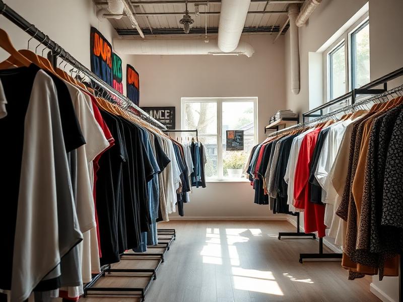 Clothing boutique with racks of apparel in natural light