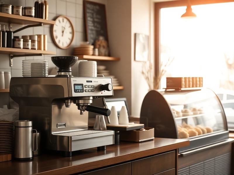 Coffee shop counter with espresso machine and pastry case