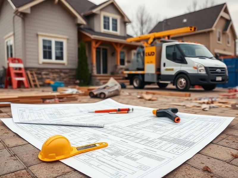 Residential job site with plans, tools and a work truck