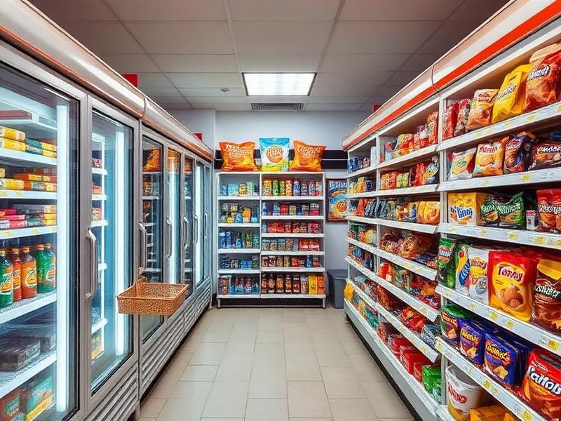Convenience store aisle with coolers and snacks