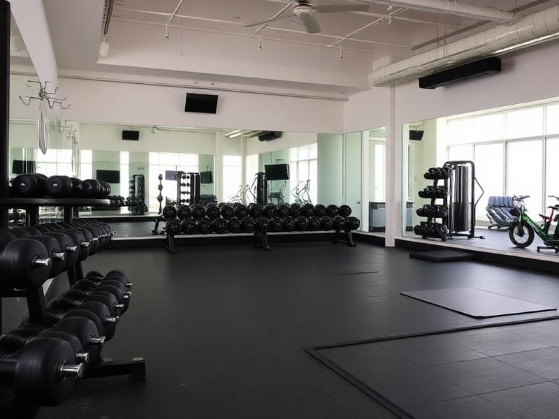 Fitness studio floor with weights, mats and mirrors