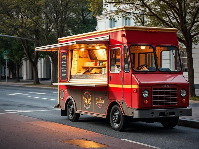 Food truck parked curbside with its service window open
