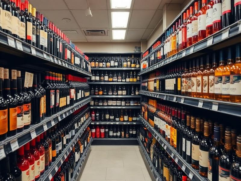 Liquor store shelves stocked with wine and spirits