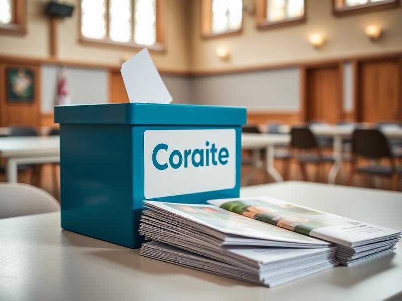 Donation collection box and brochures on a community hall table