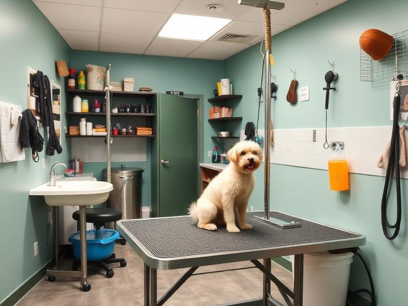 Pet grooming salon with grooming table and supplies