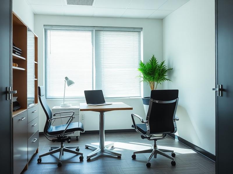 Small professional office with a desk, laptop and meeting chairs
