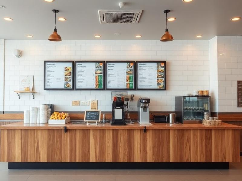 Quick service restaurant order counter with digital menu boards