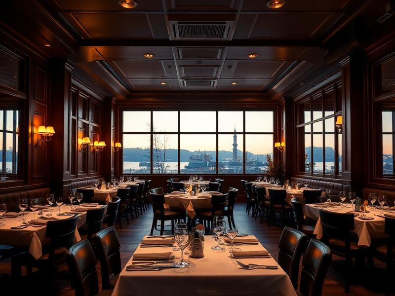 Full service restaurant dining room set for dinner service