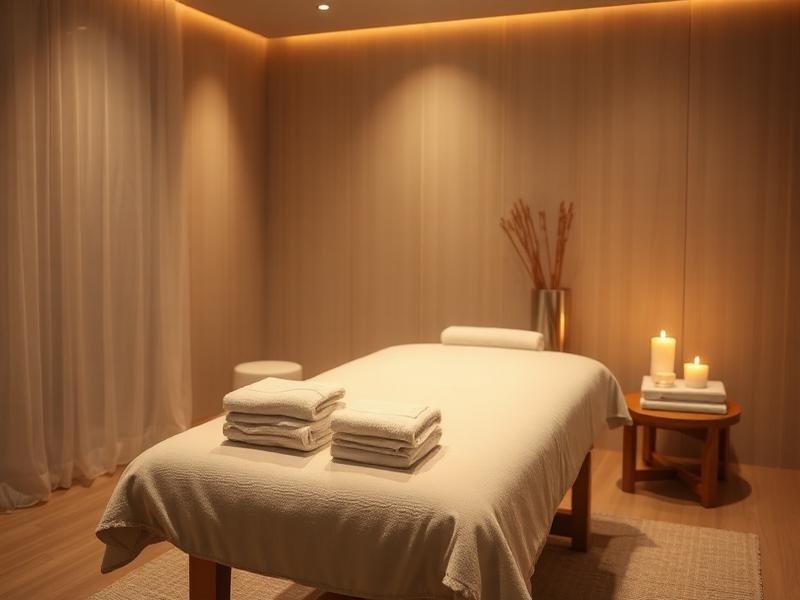 Calm spa treatment room with folded towels and candles